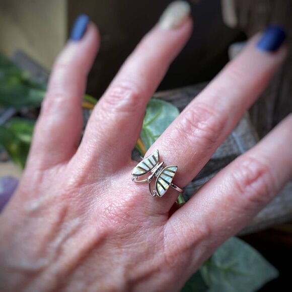 White Opal Butterfly Sterling Silver Ring Size 9 - Picture 1 of 7